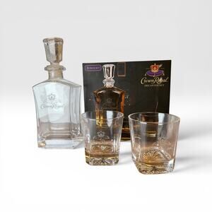 Official Crown Royal Etched Glass Decanter & Whiskey Glasses Set Barware
